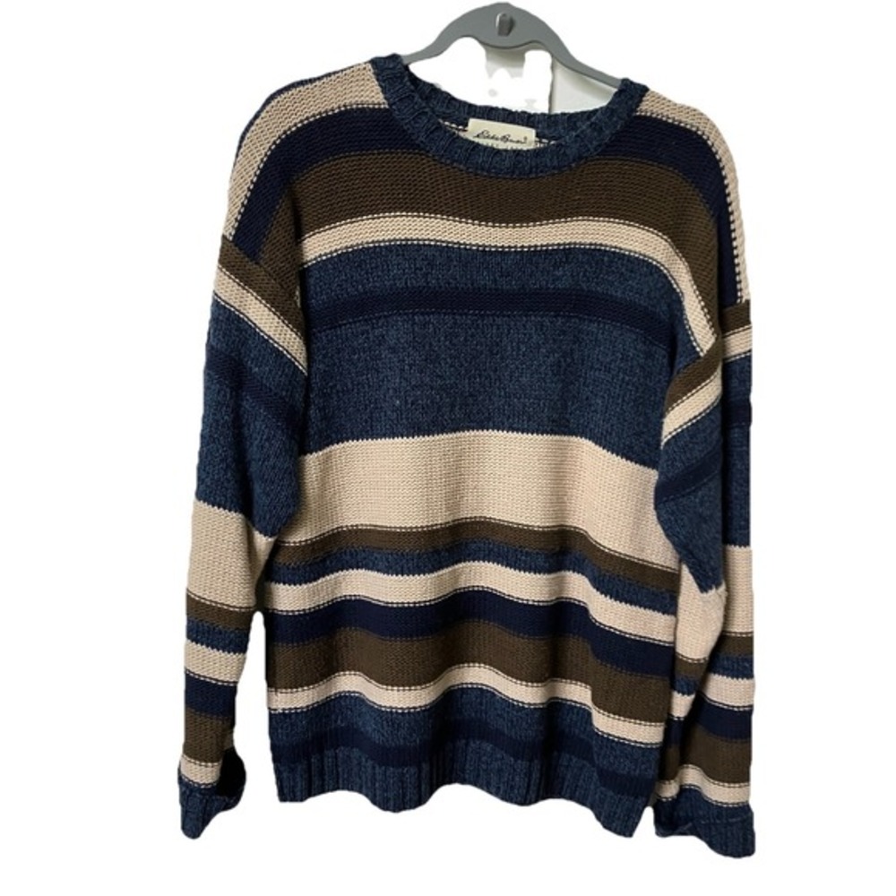 Eddie‎ Bauer Mens Striped Linen Cotton Blend Crewneck Sweater Blue Green Small